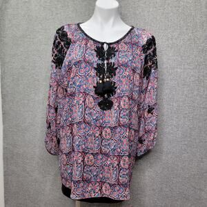 FIGUE SILK EMBELISHED BOHO TUNIC TOP, SIZE L